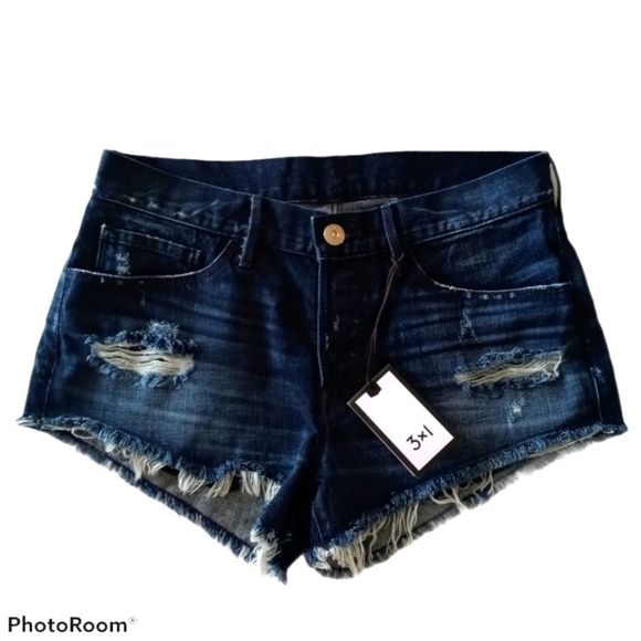 NEW 3X1 Women's Raw Hem  Distressed Dark Blue Jean Shorts Size 28 New - Picture 6 of 14